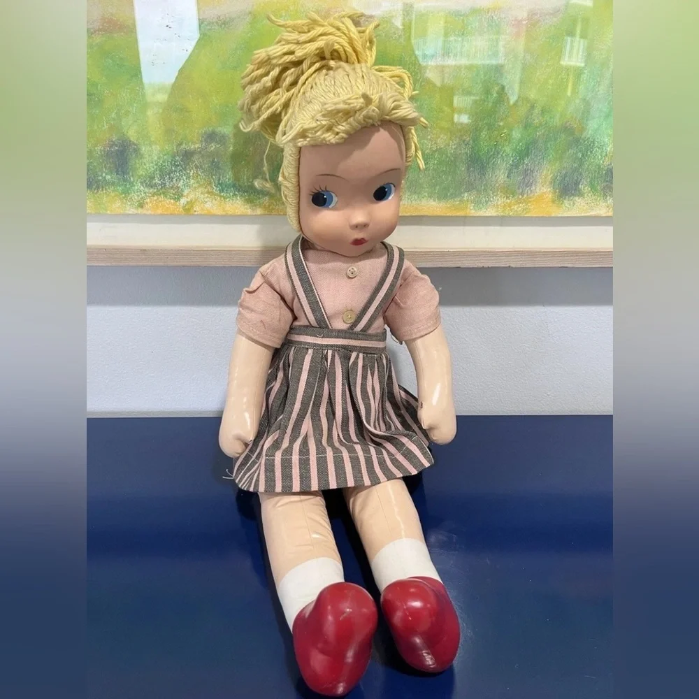 Carnival Plastic Face Cloth Fabric Doll Blonde Yarn Braid Blue Eyes Vintage 60s